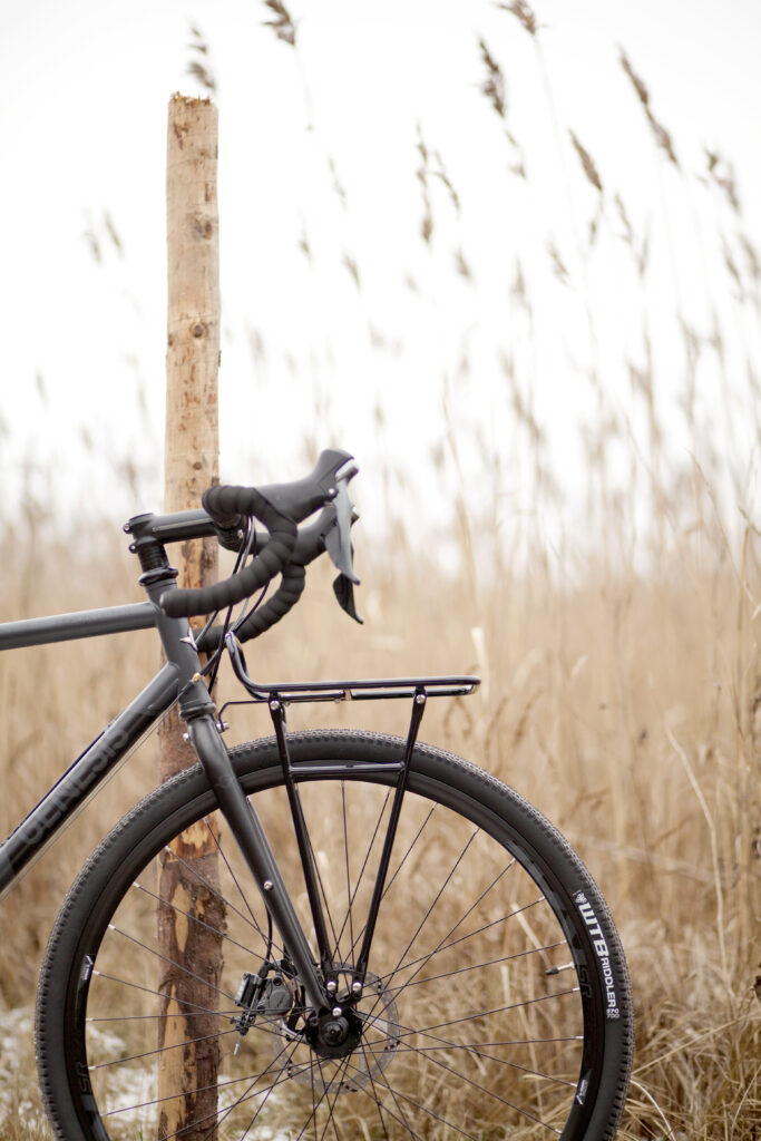 A road bike with a classic Pelago front rack.