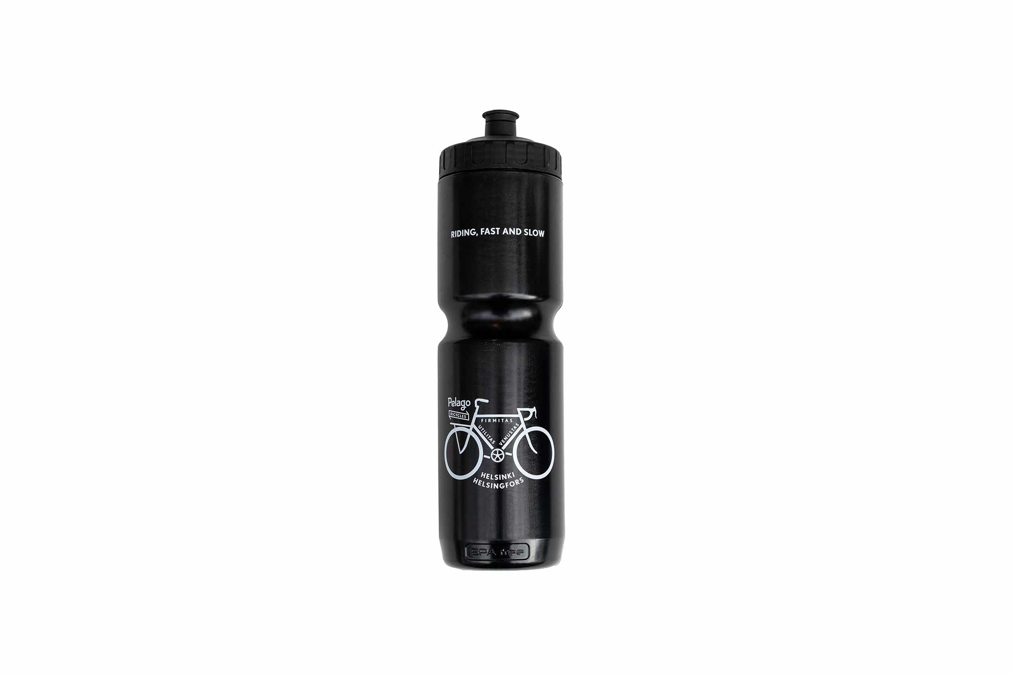 Pelago_water_bottle_900ml_riding_fast_slow Pelago black water bottle capacity 900ml with riding fast & slow logo